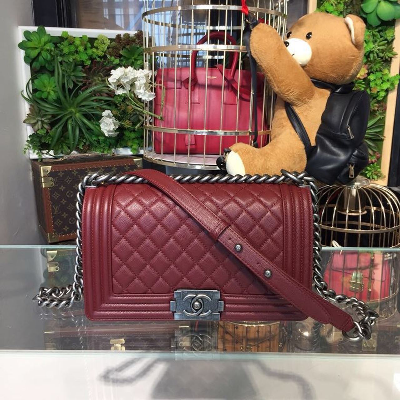 Chanel Boy Handbag Silver Hardware Burgundy For Women, Women’s Bags, Shoulder And Crossbody Bags 9.8in/25cm A67086
