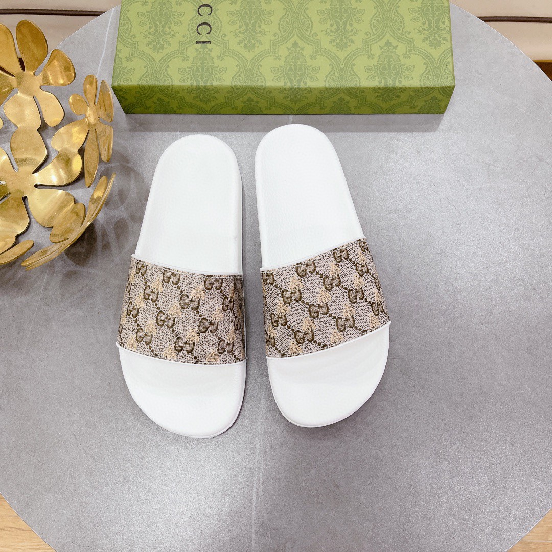 Gucci Women’s Gucci Slide Sandal With Bees White And Brown For Women 407345