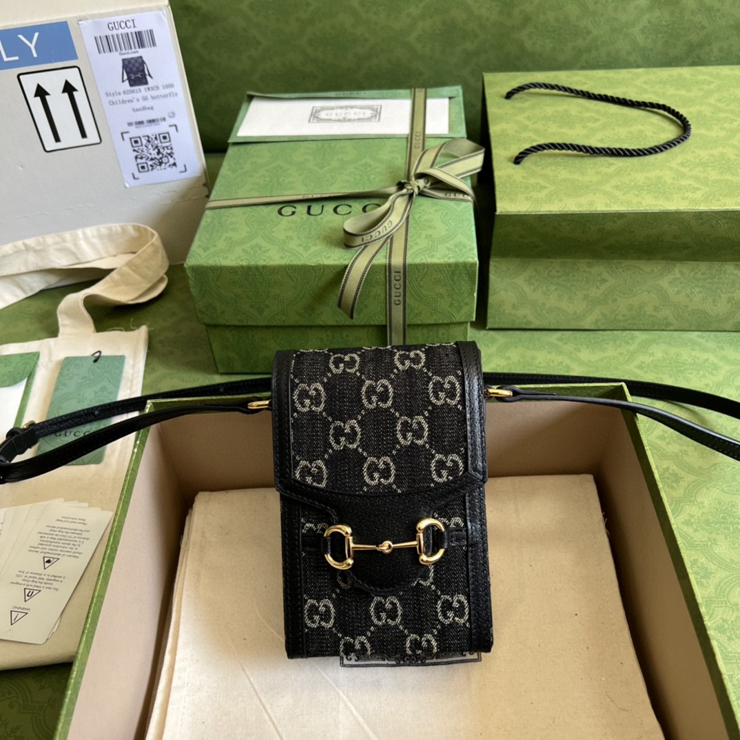Gucci Horsebit 1955 Mini Bag Black And Ivory Gucci Denim Jacquard For Women 6.7in/17cm 625615 UN3BG 1274