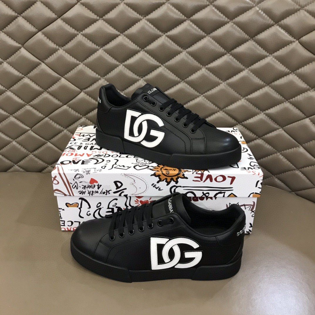 Dolce & Gabbana Nappa Portofino Sneakers With DG Logo Print Black For Men DG Shoes