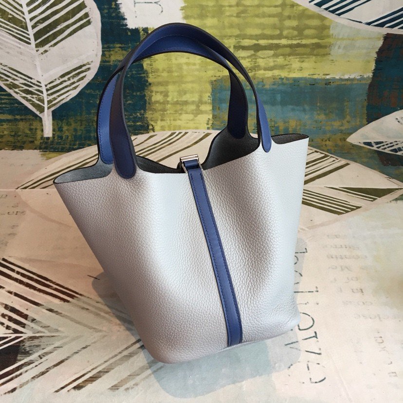 Hermes Picotin Lock 18 Bag Grey/Navy Blue With Silver-Toned Hardware For Women, Women’s Handbags 7.1in/18cm