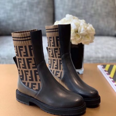 Fendi FF Logo Jacquard Stretch-Knit And Leather Ankle Boots Calfskin Leather Fall/Winter Collection Black/Brown