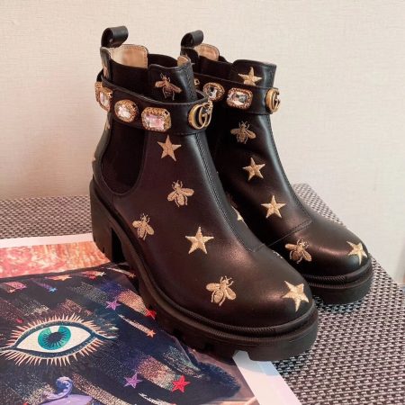 Gucci Star And Bee Embroidered Trip Ankle Boots Black For Women GG