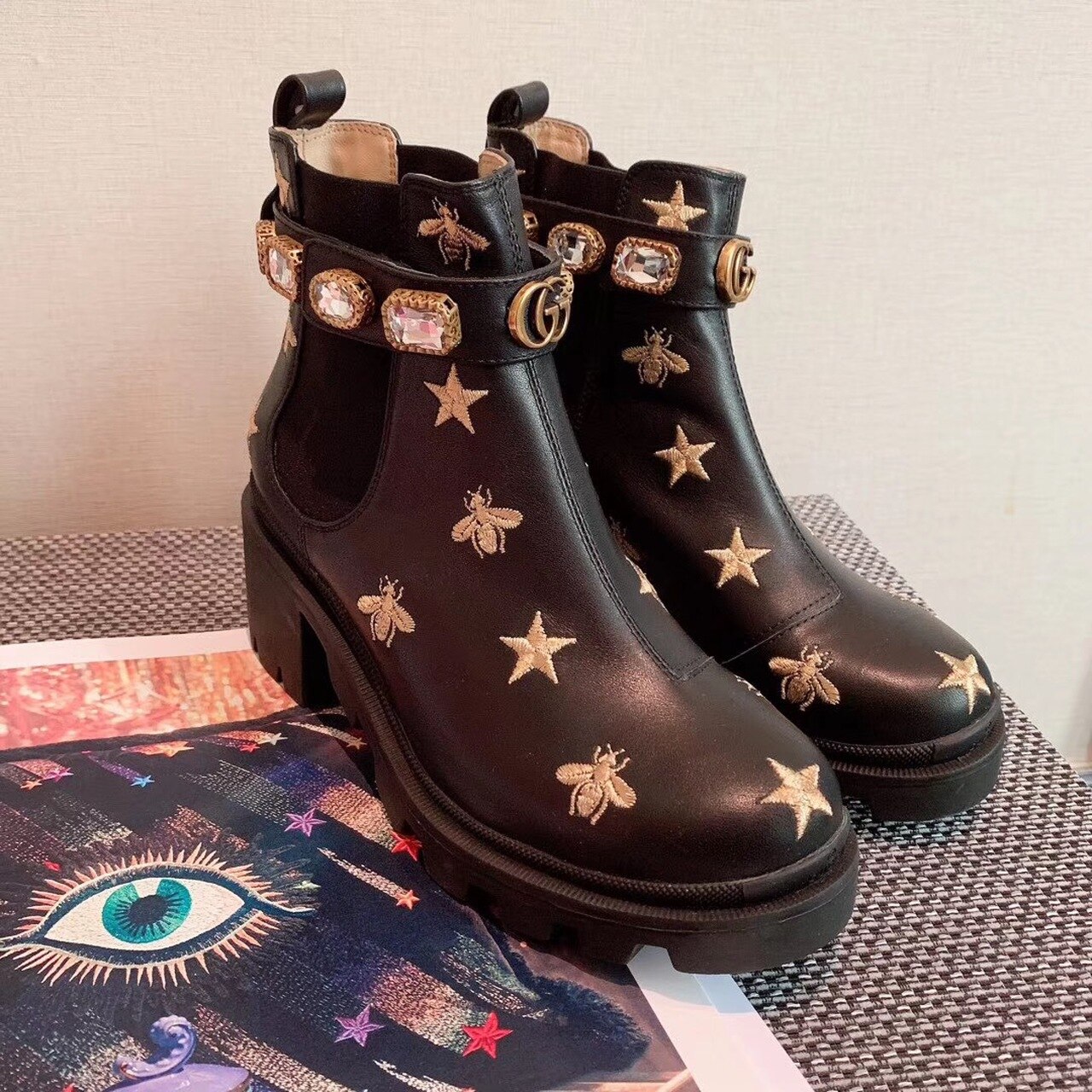 Gucci Star And Bee Embroidered Trip Ankle Boots Black For Women GG