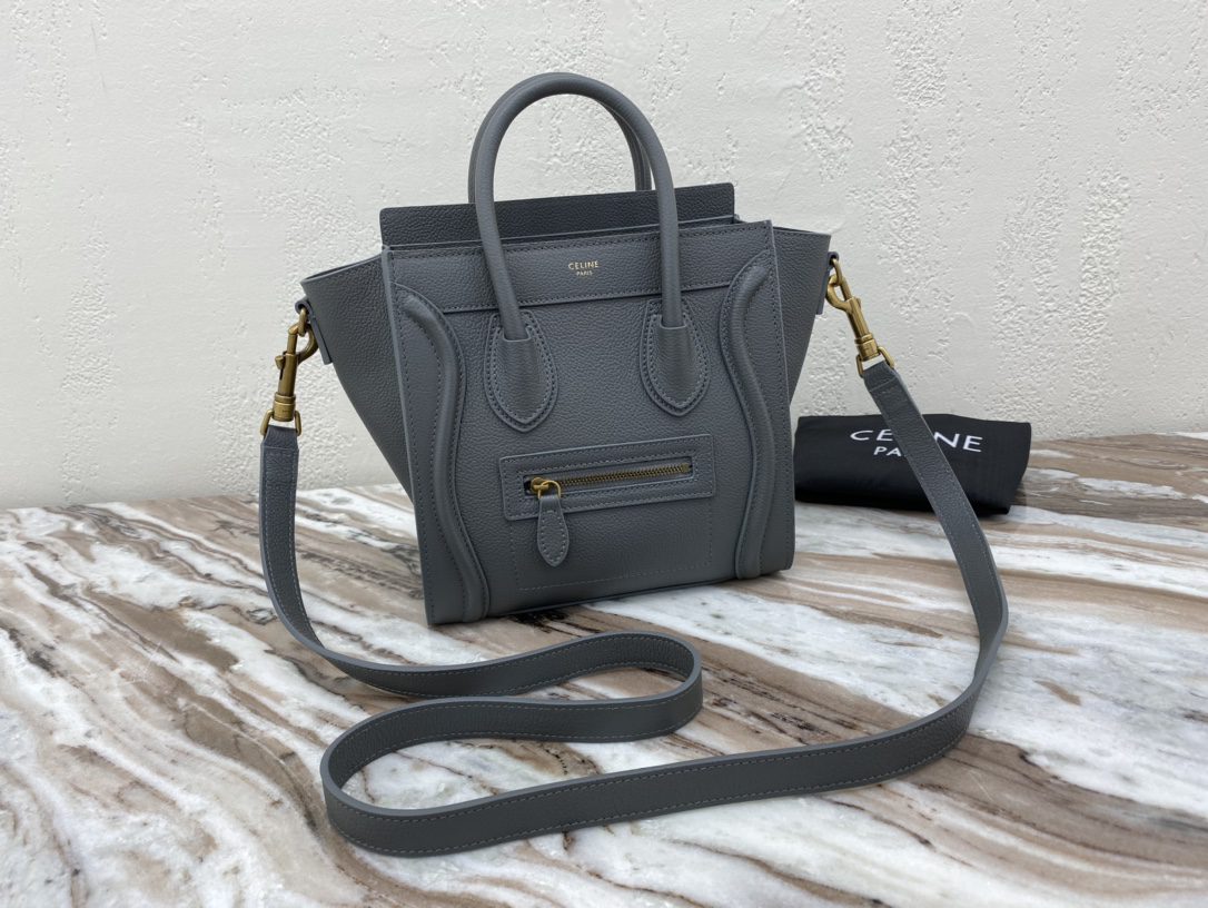 Celine Nano Luggage Bag In Drummed Grey For Women 8in/20cm 189243AQL.10KL