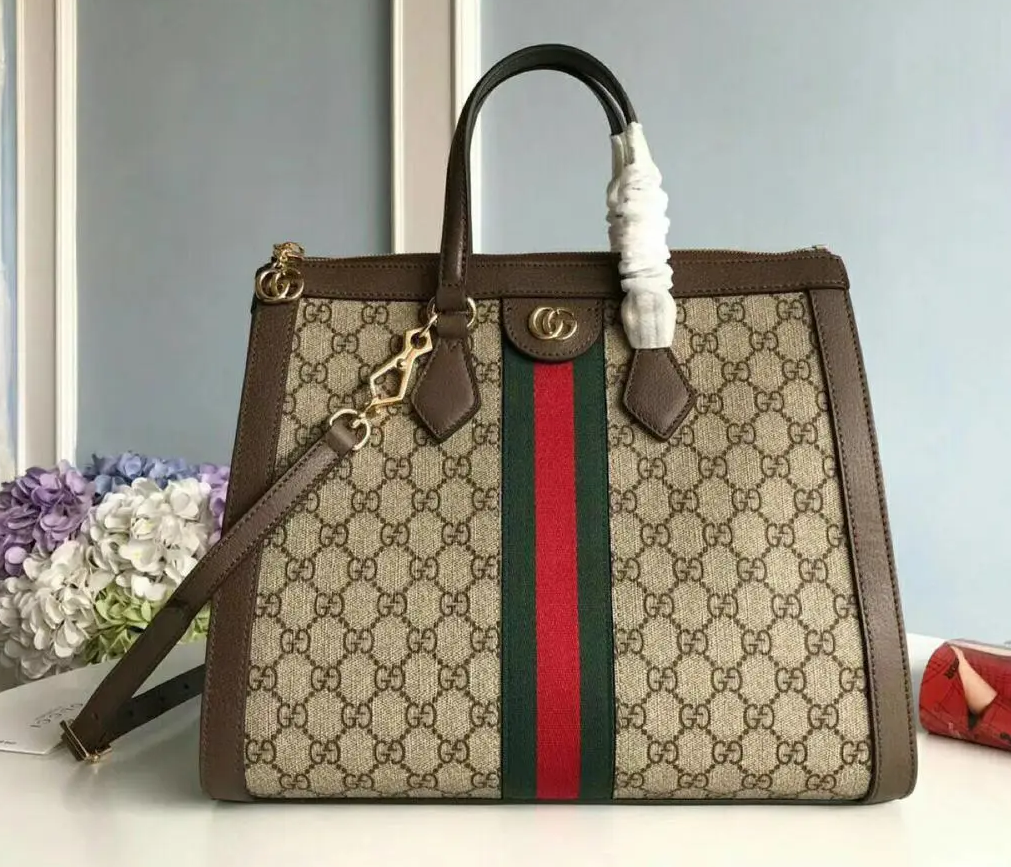 Gucci Ophidia Gucci Medium Tote Bag Beige/Ebony Gucci Supreme Canvas With Brown For Women 13in/33cm Gucci 524537 K05NB 8745