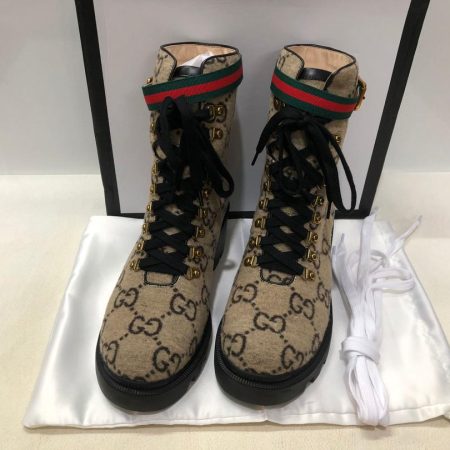 Gucci Trip Gucci Wool Combat Boots By Canvas Beige/Ebony For Women GG