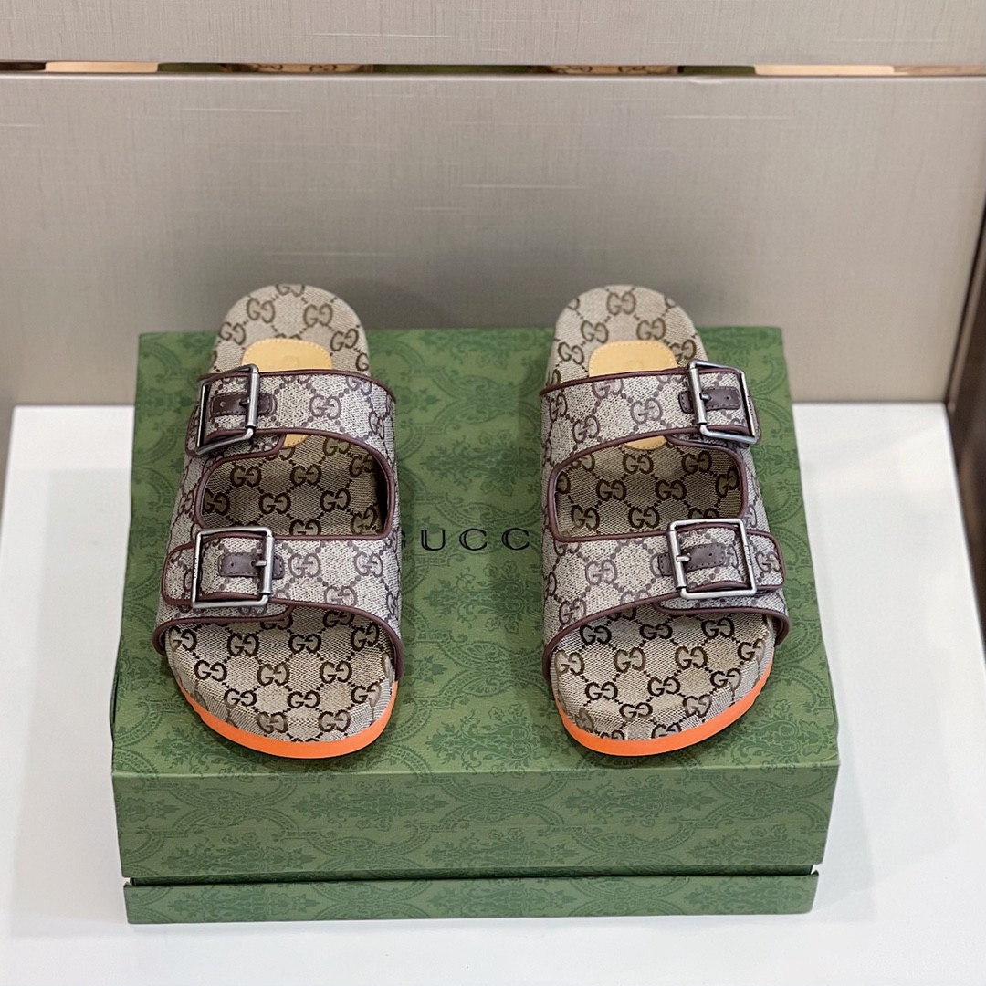 Gucci Men’s Slide Sandal With Straps Gray Orange For Men 658020 2HK60