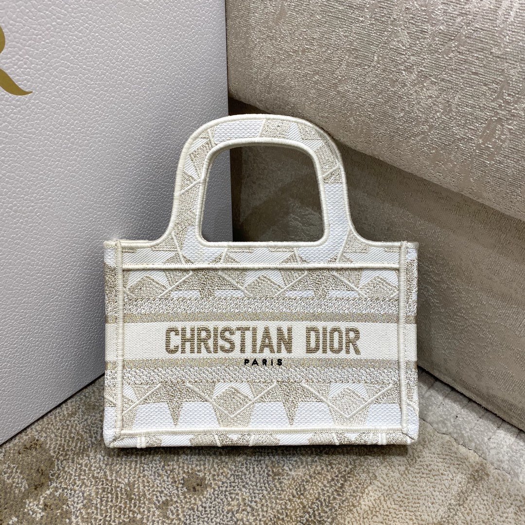 Christian Dior Mini Dior Book Tote Embroidery Stars Gold Dior Bag, Beige, For Women Women’s Handbags, 22.5cm CD