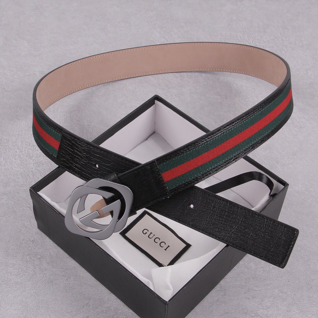 GUCCI Web Belt With Interlocking G Buckle Green/Red Web Fabric And Black For Women, Women Belt