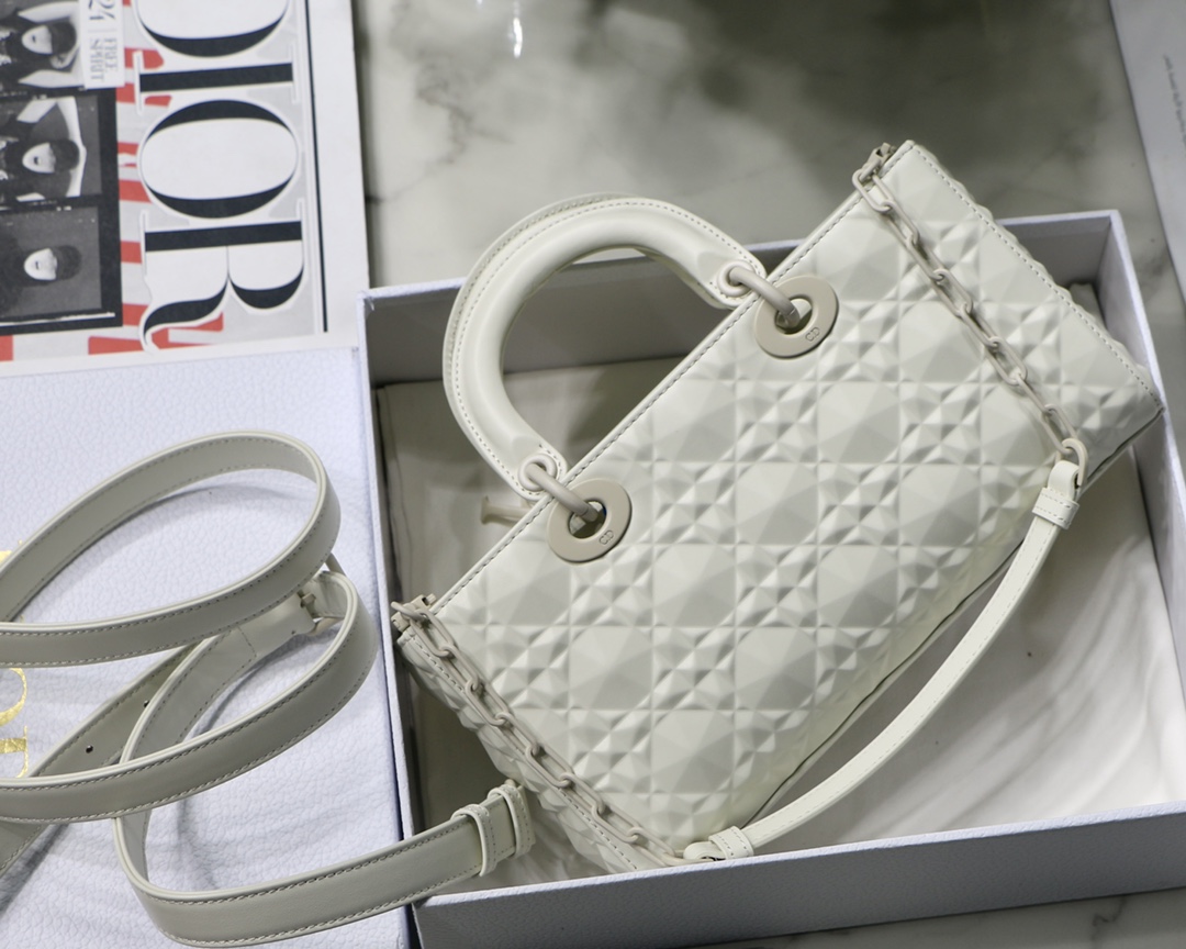 Christian Dior Lady D-Joy Bag White Macrocannage Technical Fabric, White, For Women Women’s Handbags, 26cm CD M0540OTID_M933