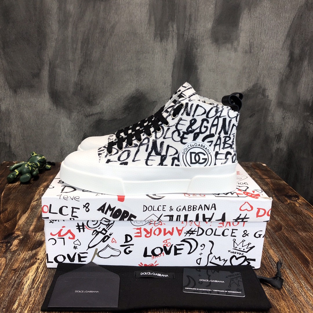 Dolce & Gabbana Two-Tone Canvas Portofino Light Mid-Top Sneakers With DG Logo White For Men DG Shoes