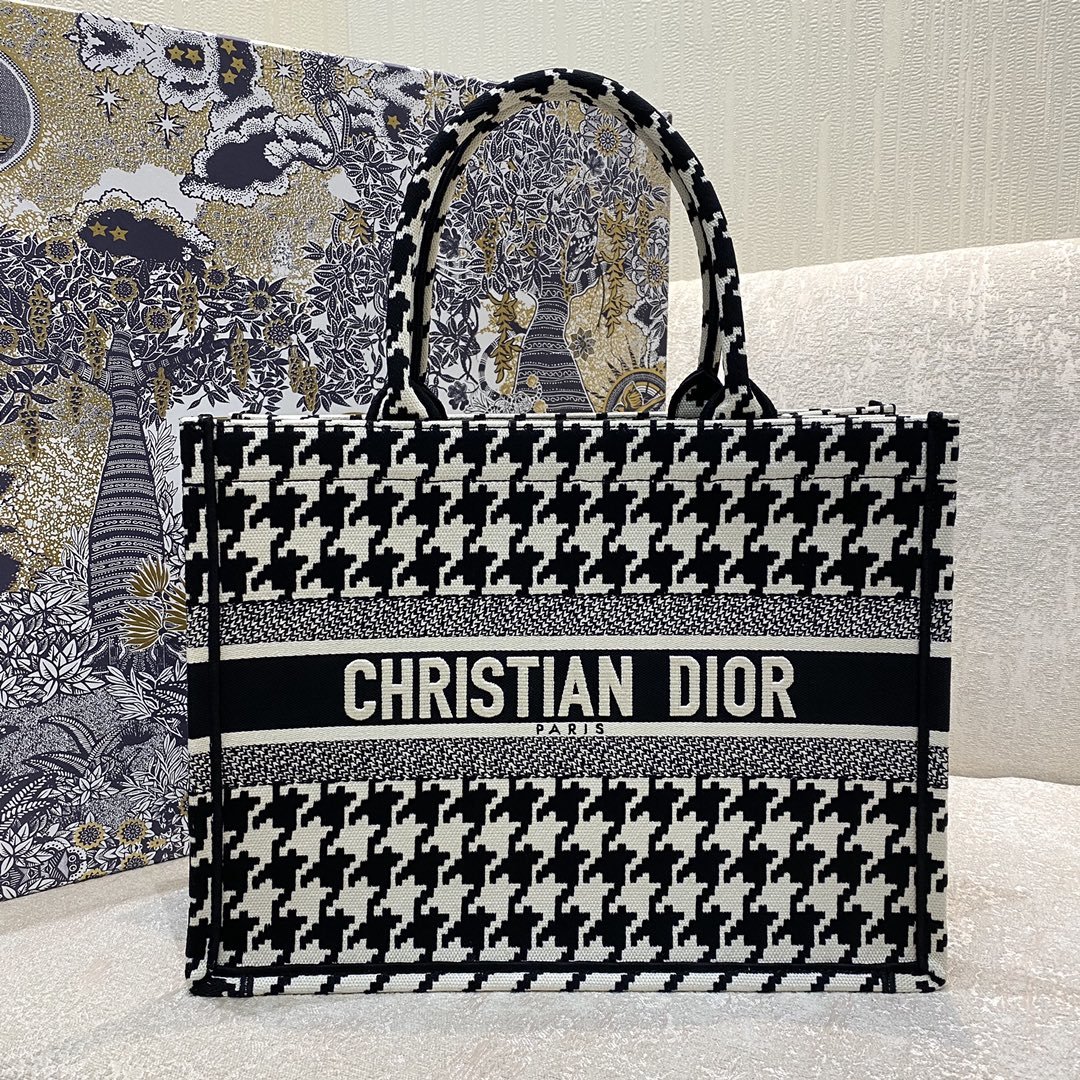 Christian Dior Medium Dior Book Tote Black Macro Houndstooth Embroidery, Blue, For Women Women’s Handbags, Shoulder Bags, 36cm CD M1296ZTQT_M911