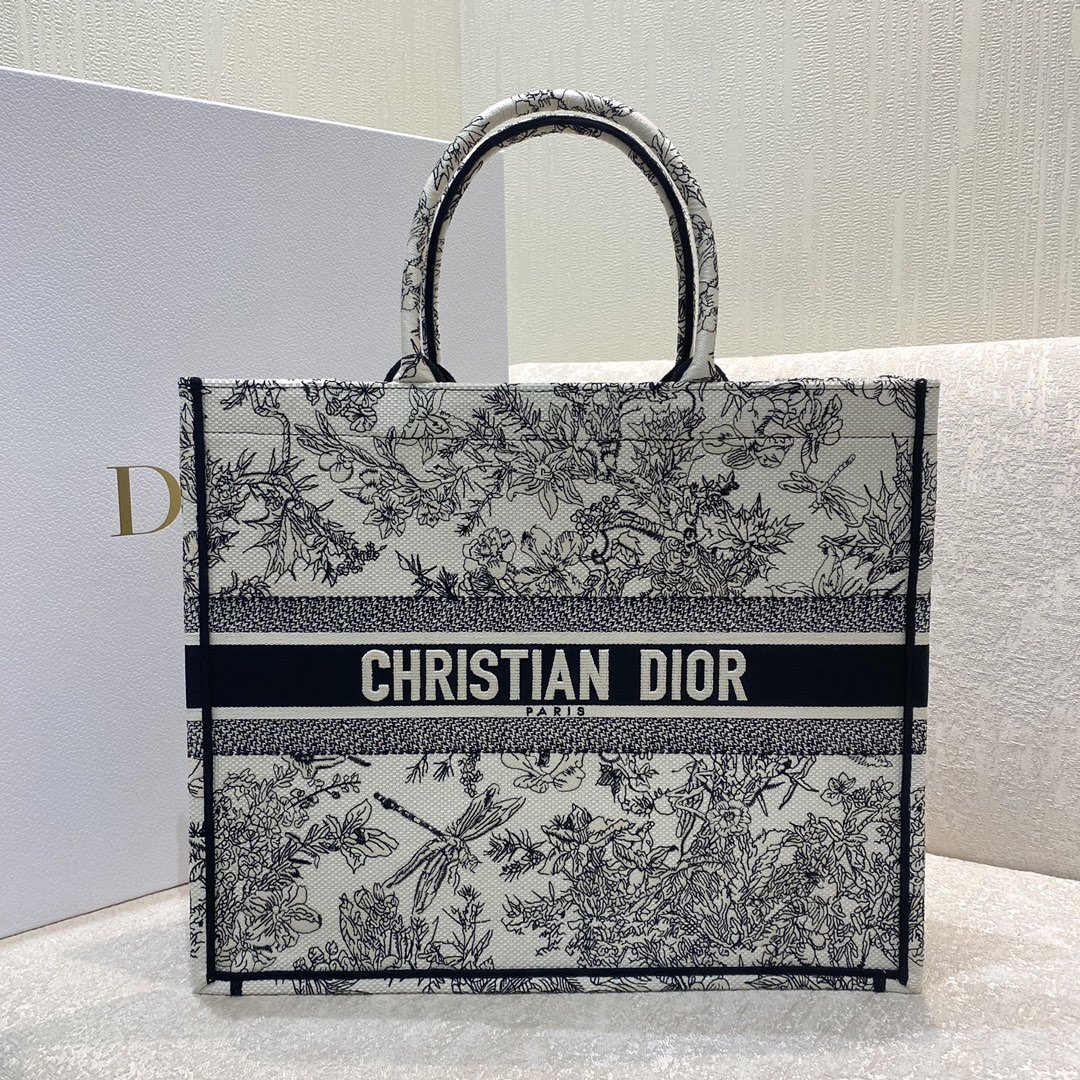 Christian Dior Medium Dior Book Tote Blue Toile de Jouy Flowers Embroidery, Blue, For Women Women’s Handbags, Shoulder Bags, 42cm CD M1286ZTQW_M808