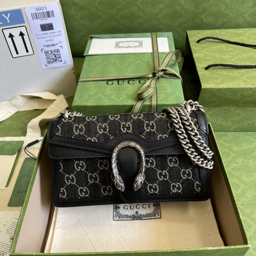 Gucci Dionysus Small Gucci Shoulder Bag Black And Ivory Gucci Denim Jacquard For Women 10in/25cm 499623 UN3BN 1274