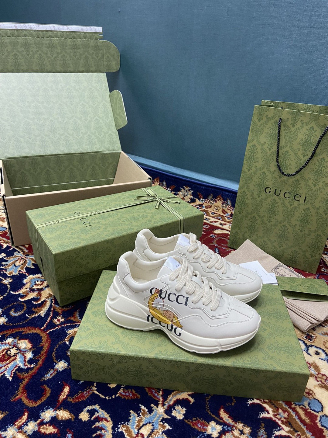Gucci Men’s Rhyton Sneakers With Bananya White Ivory For Men 659408-2SH00-9522a