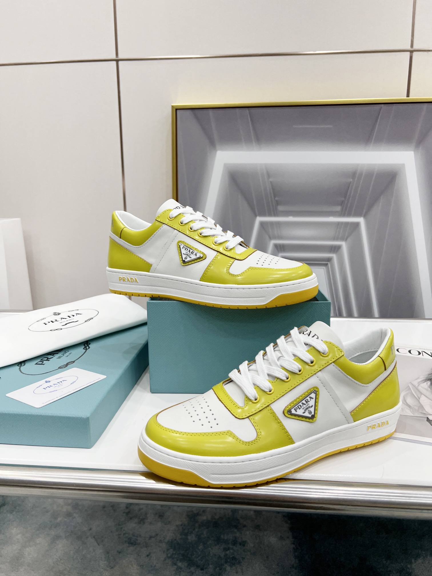Prada Downtown Perforated Sneakers Yellow/White For Women 1.2in/30mm Prada 2EE364_3LKG_F0A7U