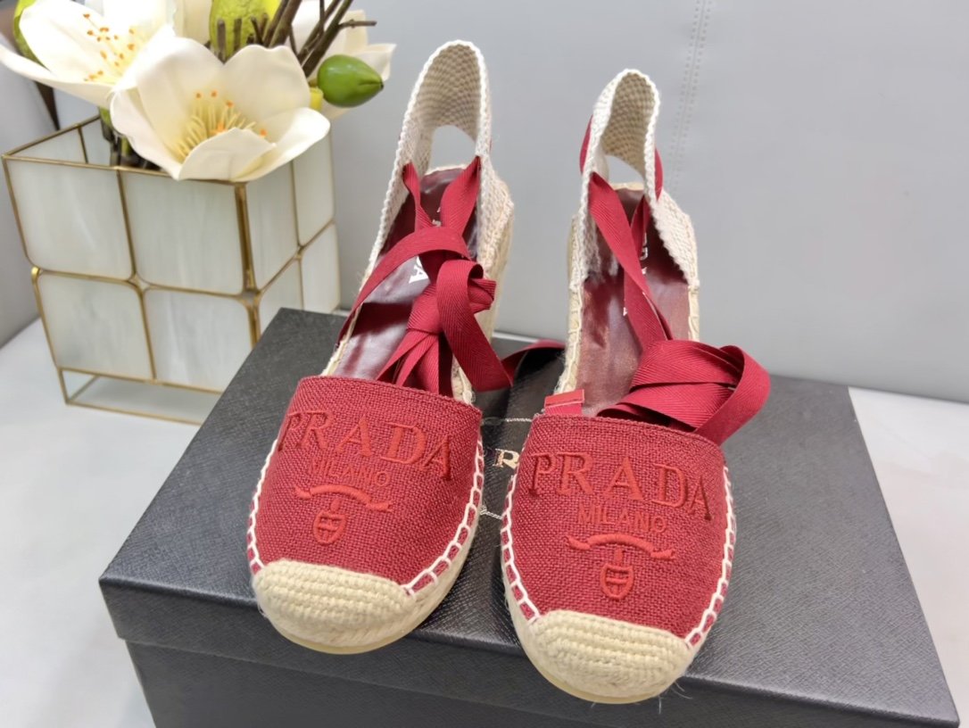 Prada Linen Espadrille Wedge Sandals Red For Women 3.5in/90mm Prada 
