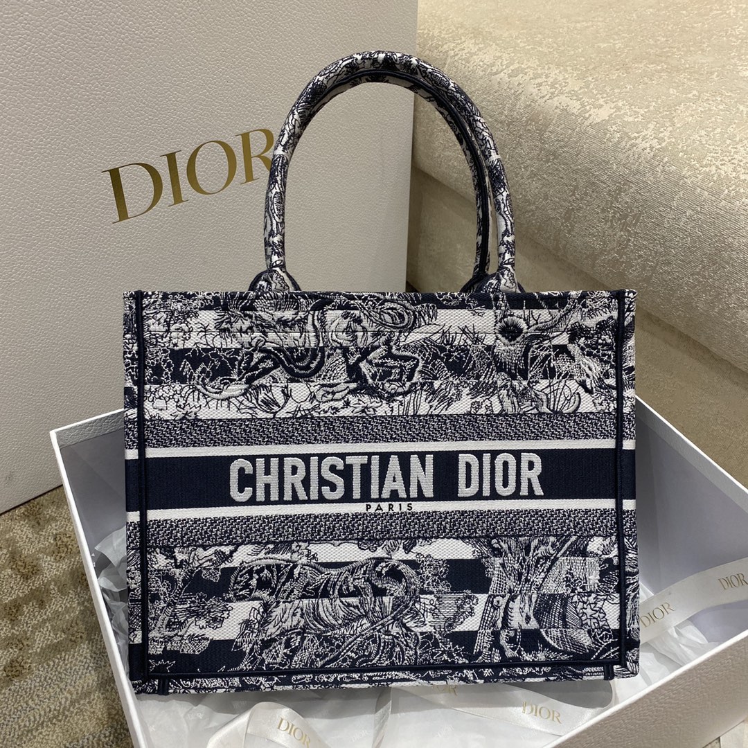 Christian Dior Medium Dior Book Tote Toile de Jouy Stripes Embroidery, Navy Blue, For Women Women’s Handbags, 36cm CD M1296ZRLP_M928