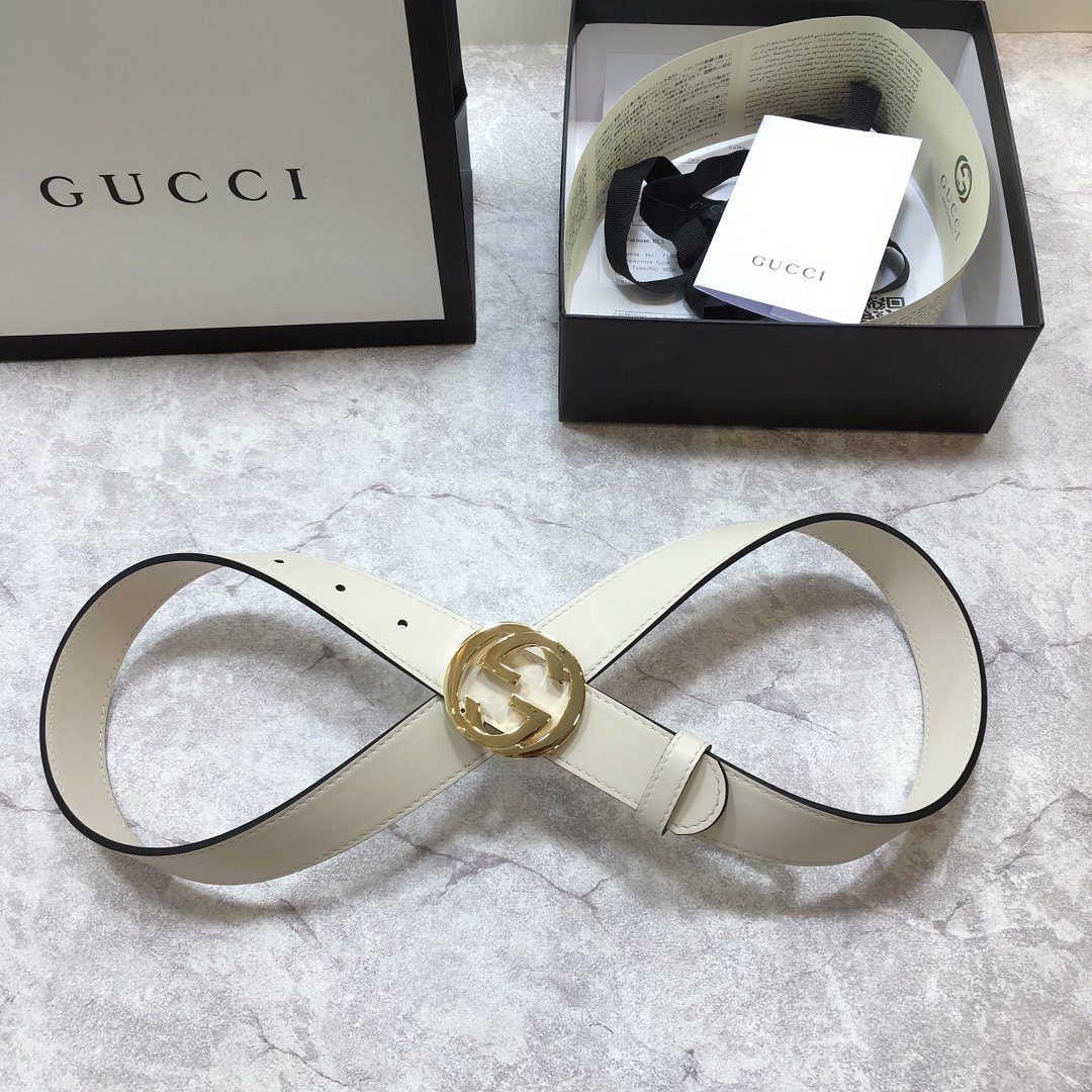 Gucci Belt With Interlocking G White GG, Women Belt 370717