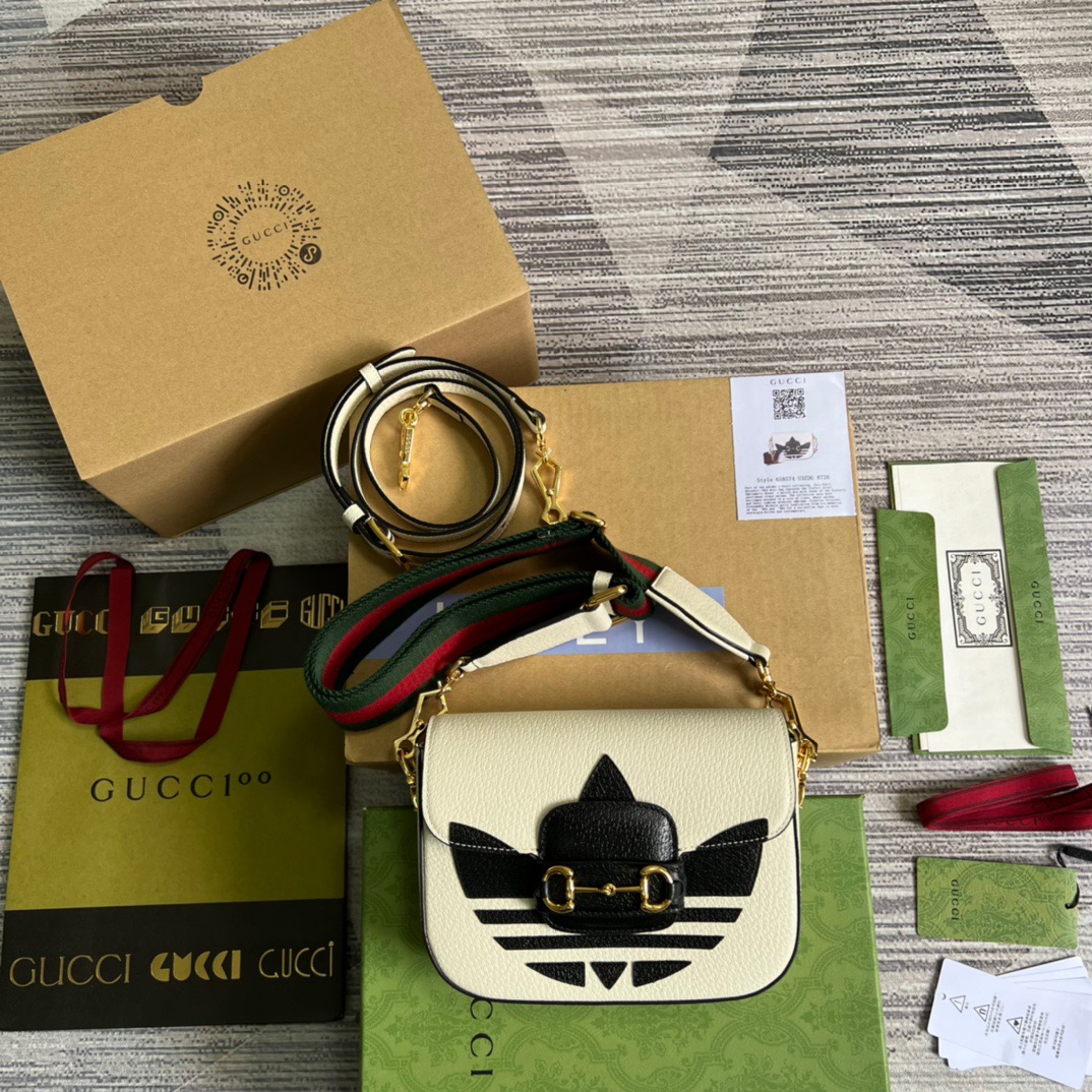 Gucci x Adidas Horsebit 1955 Mini Bag White For Women, Women’s Bags 8.1in/21cm GG 658574 U3ZDG 8727