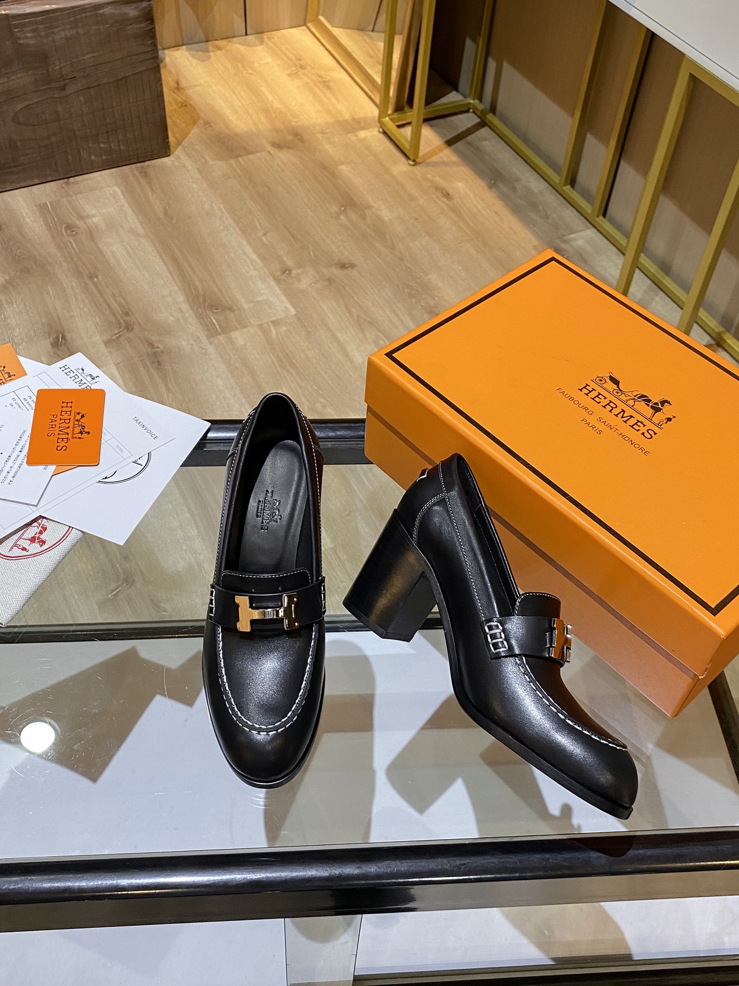 Hermes Shoes Heel Black For Women 2.8in/7cm