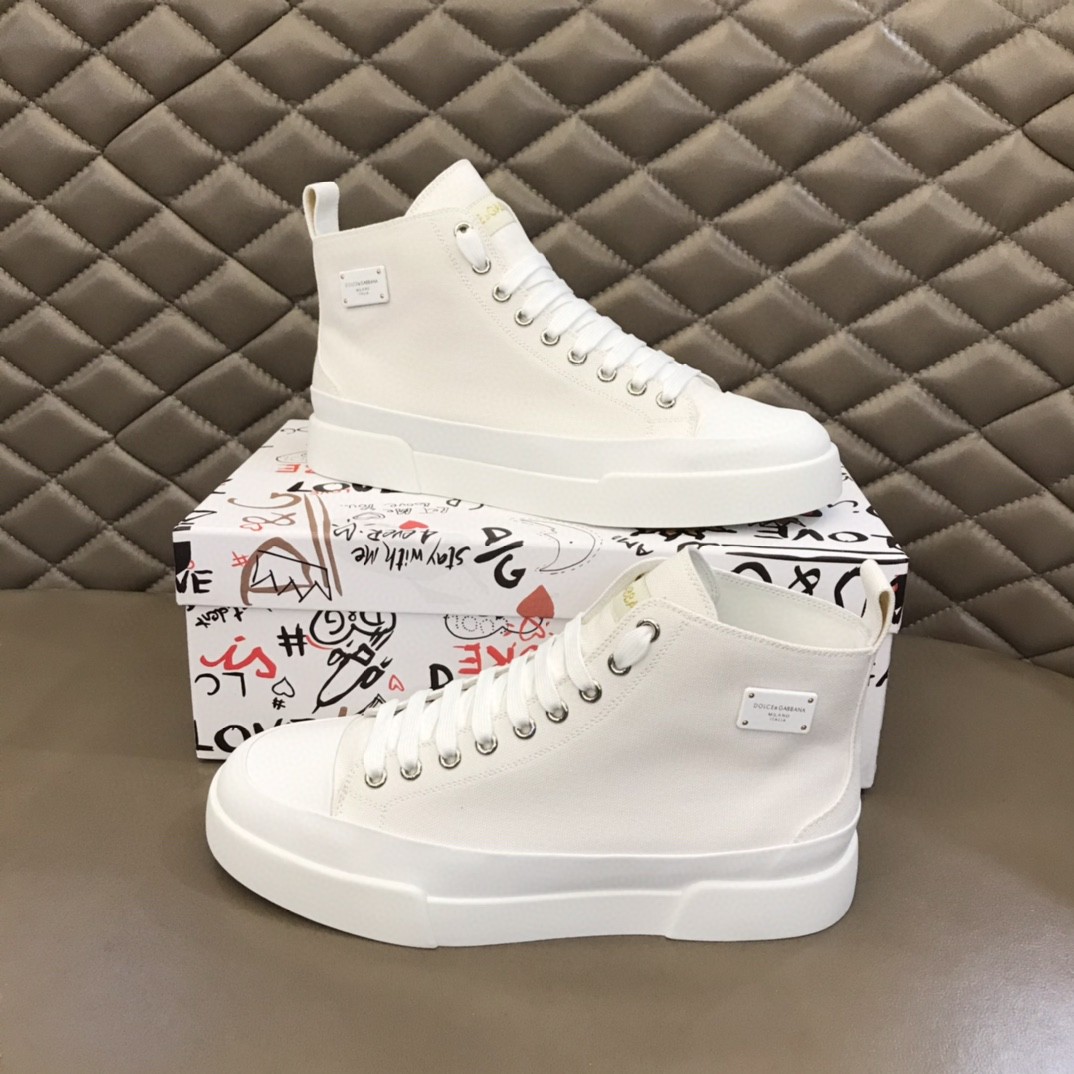 Dolce & Gabbana Two-Tone Canvas Portofino Light Mid-Top Sneakers With DG Logo White For Men DG Shoes