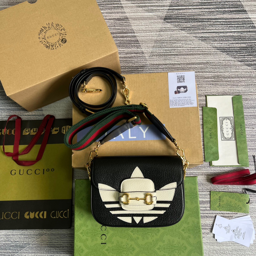 Gucci x Adidas Horsebit 1955 Mini Bag Black For Women, Women’s Bags 8.1in/21cm Gucci 658574 U3ZDG 8726