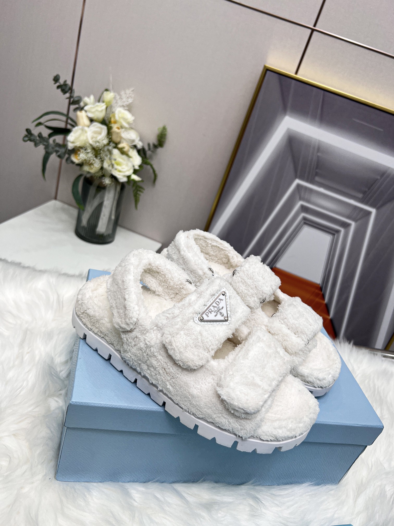 Prada Terrycloth Sandals White For Women 0.8in/20mm Prada  1X737M_H39_F0009_F_D020