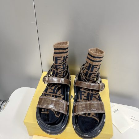 Fendi Brown FF Jacquard Sandals For Women