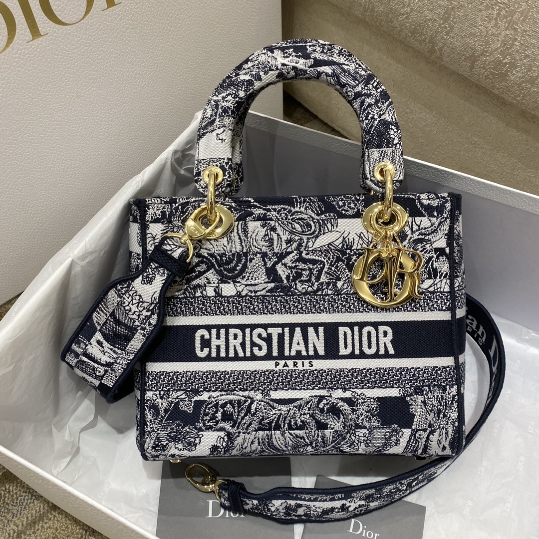 Christian Dior Medium Lady D-Lite Bag Toile de Jouy Stripes Embroidery, Navy Blue, For Women Women’s Handbags, 24cm CD M0565ORLP_M928