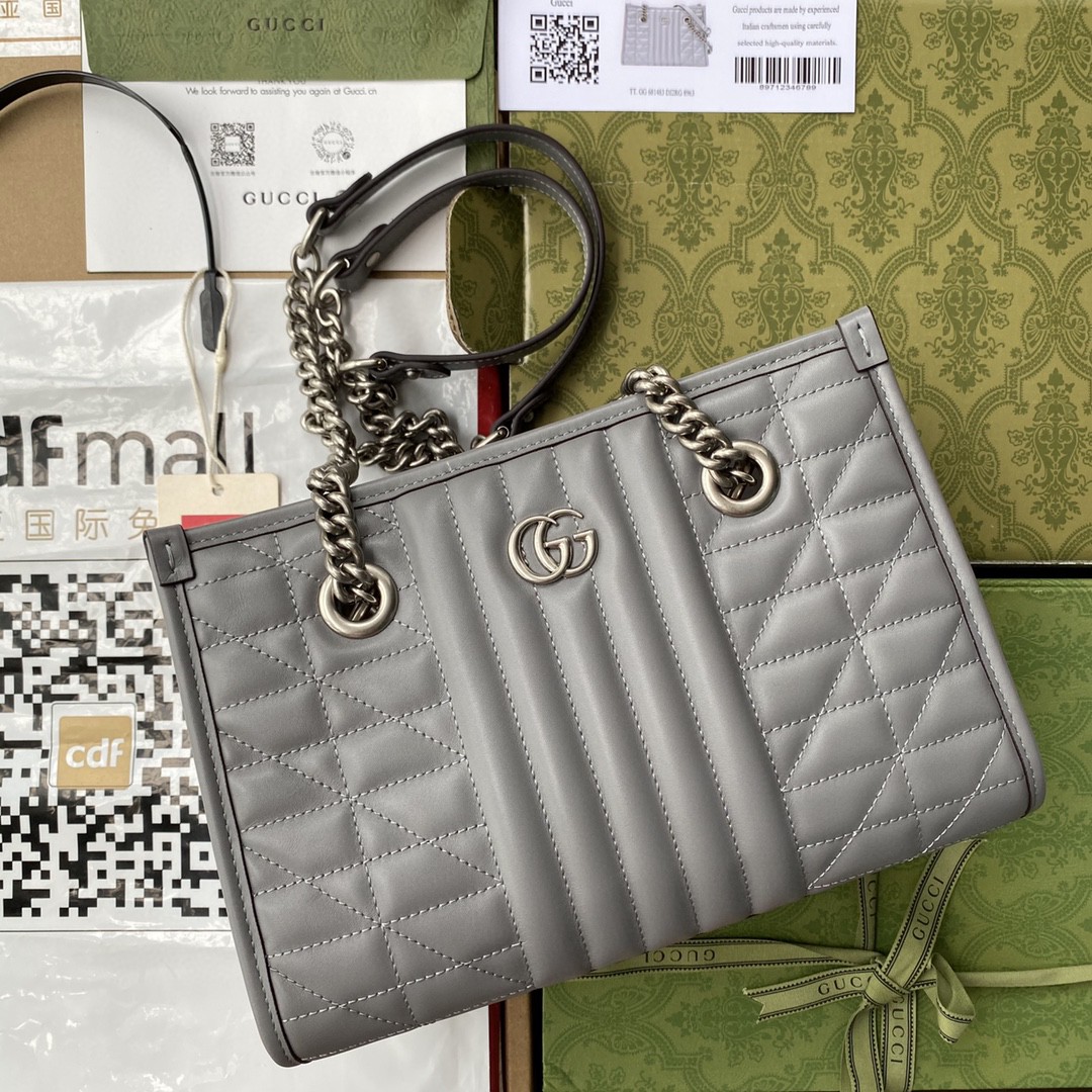 Gucci Marmont Small Tote Bag Dark Grey Matelassé For Women 10in/26.5cm 681483 UM8BN 1711