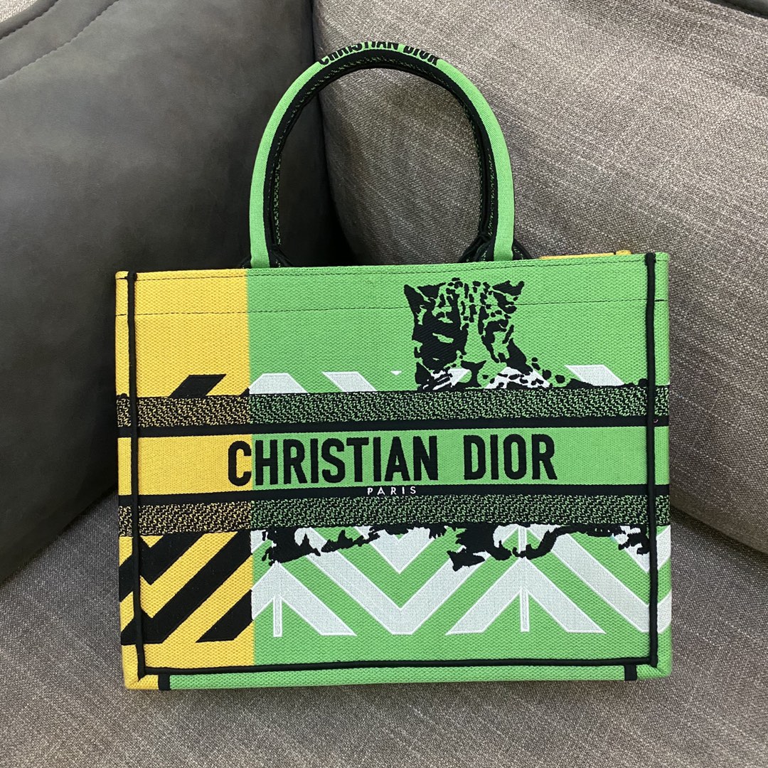 Christian Dior Medium Dior Book Tote Bright Green and Fluorescent Orange D-Jungle Pop Embroidery, Orange/Green, For Women Women’s Handbags, 36cm CD M1296ZRON_M887
