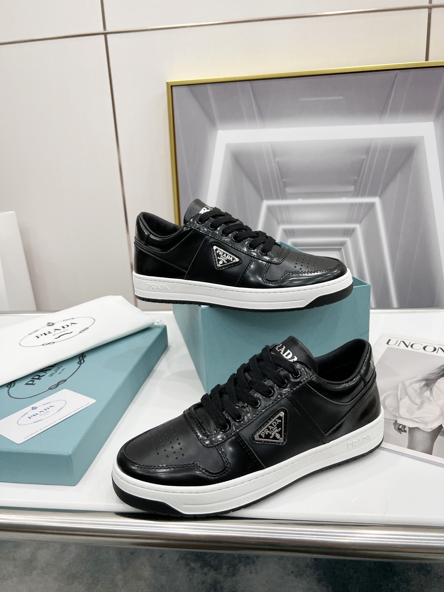 Prada Downtown Perforated Sneakers Black For Women 1.2in/30mm Prada 