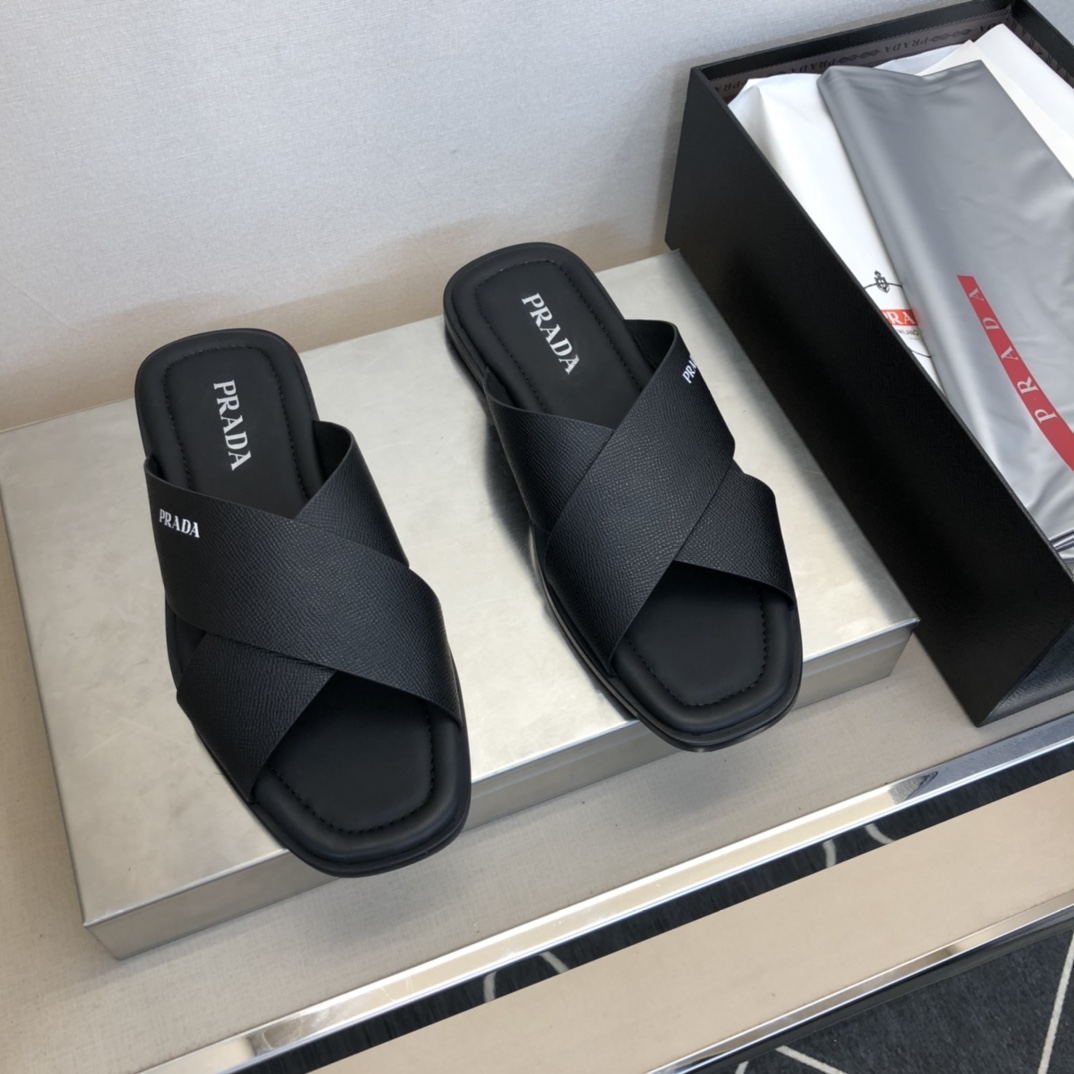 Prada Brushed Tape Crisscross Slides Black For Men PRD