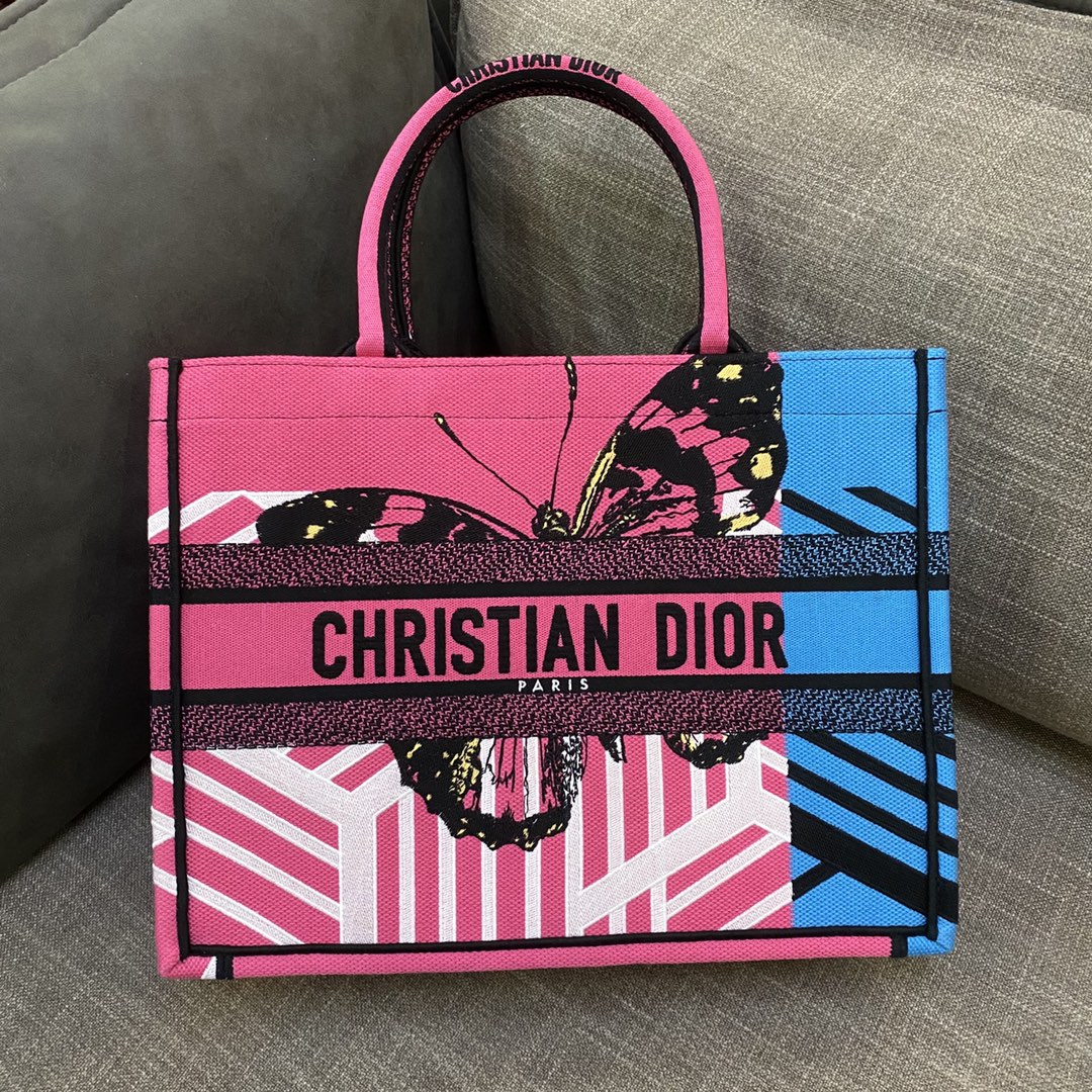 Christian Dior Medium Dior Book Tote Bright Blue and Bright Pink D-Jungle Pop Embroidery, Blue/Pink, For Women Women’s Handbags Shoulder Bags, 36cm CD M1296ZRON_M885