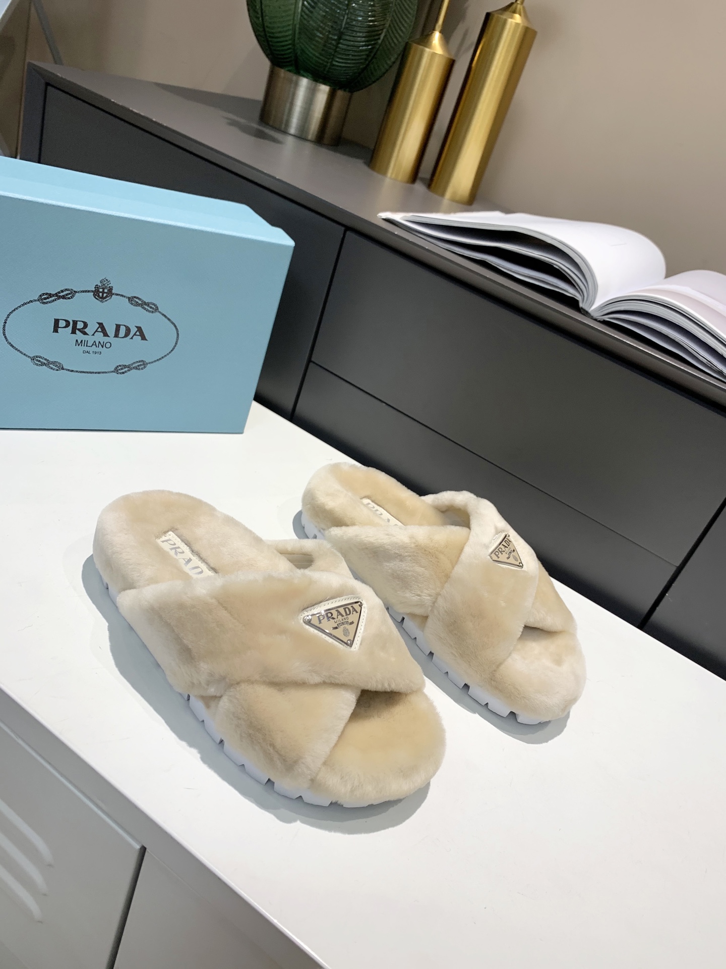 Prada Shearling Sandals Beige For Women 0.8in/20mm Prada 1XX600_173_F0379_F_ZF20