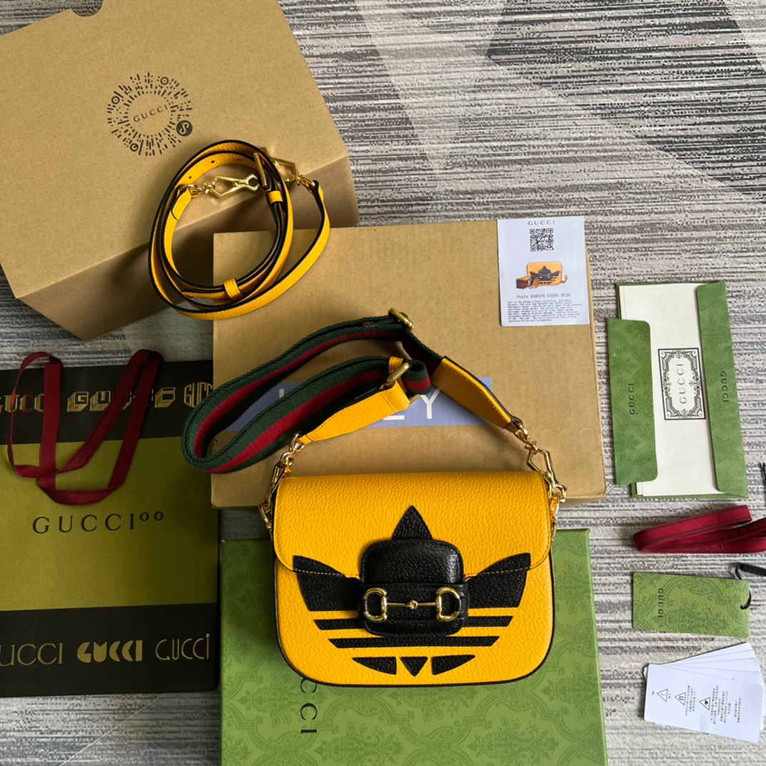 Gucci x Adidas Horsebit 1955 Mini Bag Yellow For Women, Women’s Bags 8.1in/21cm Gucci 658574 U3ZDG 7775