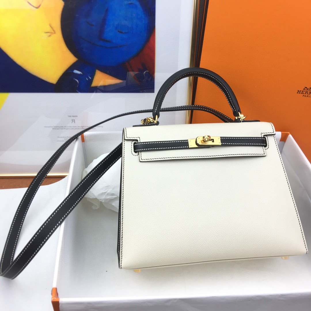 Hermes Kelly 25 Sellier Epsom White/Black Bag For Women, Women’s Handbags, Shoulder Bags 10in/25cm