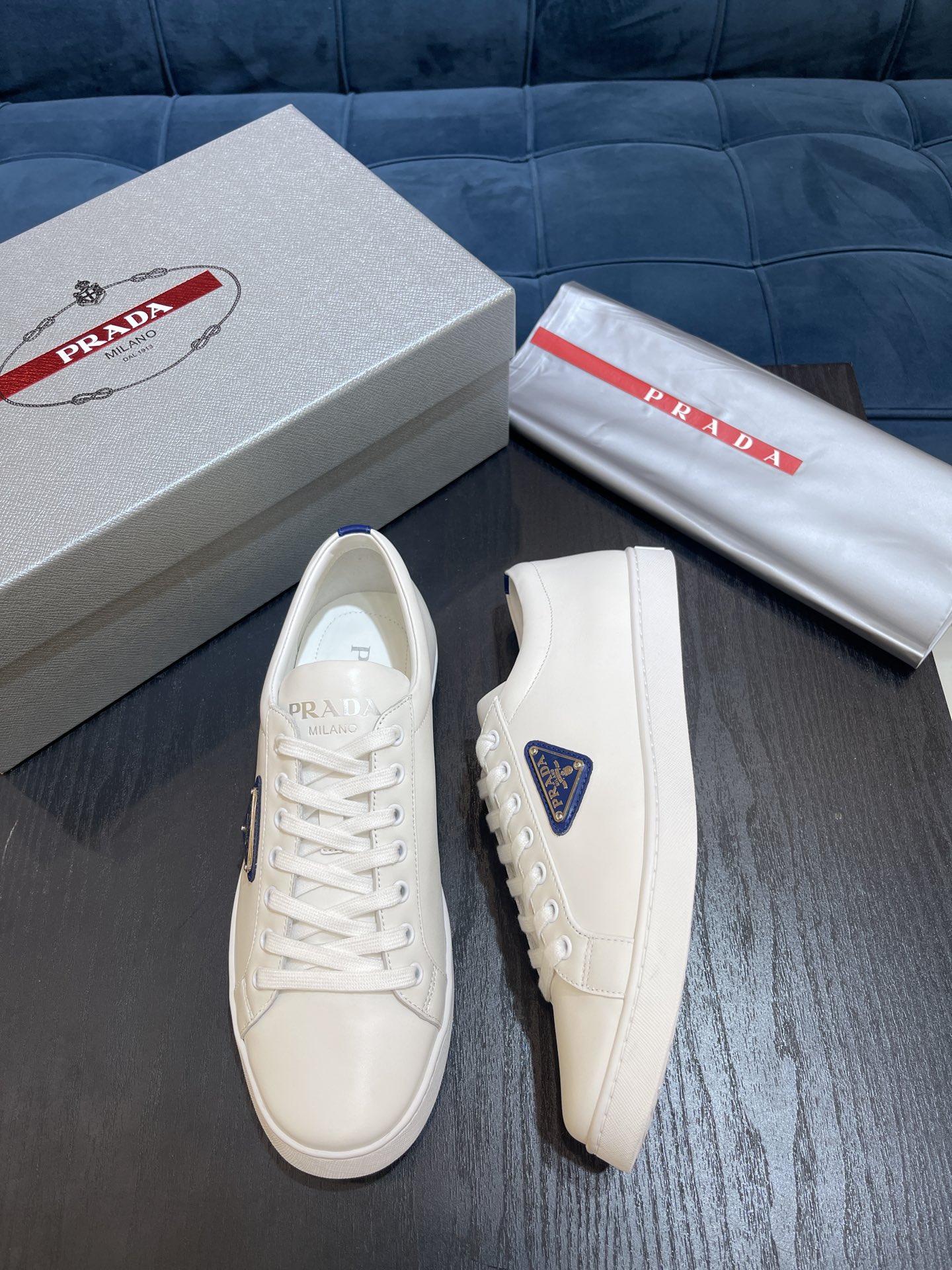 Prada Brushed Sneakers White/Blue For Men 1in/25mm Prada 2EE376_3F0E_F098Z