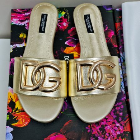 Dolce & Gabbana Polished Sliders With DG Logo Gold For Women DG Shoes