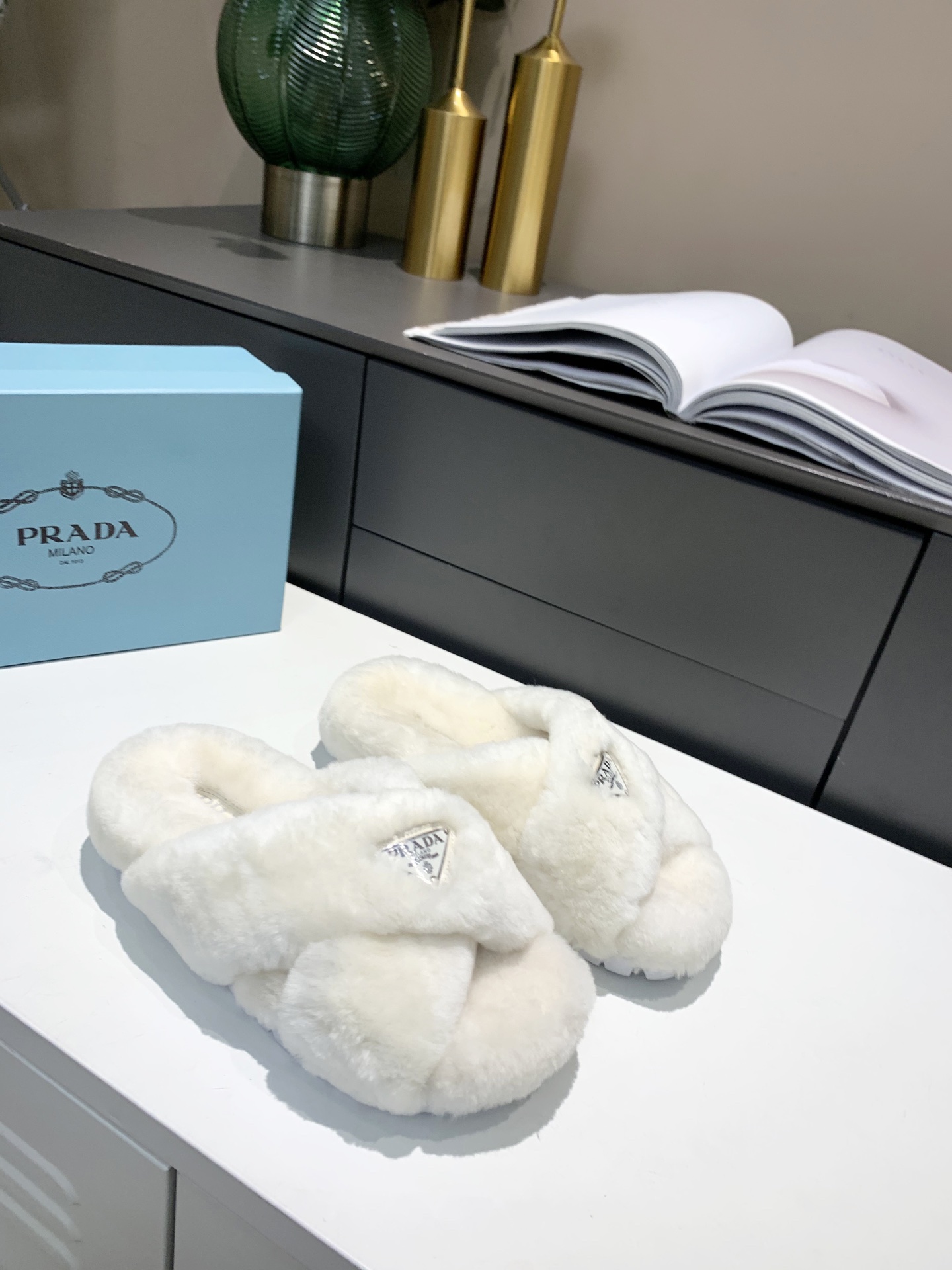 Prada Shearling Sandals White For Women 0.8in/20mm Prada 