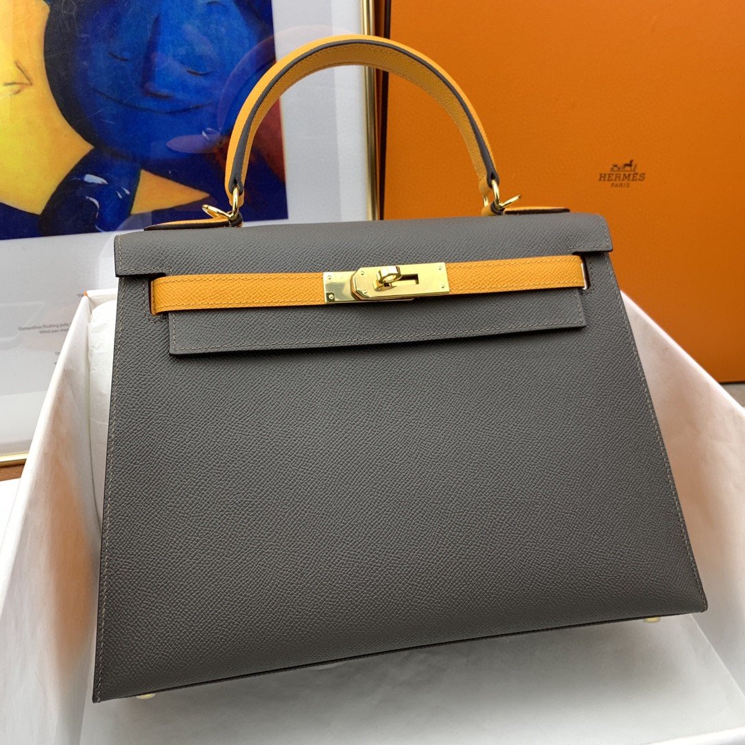 Hermes Kelly 28 Sellier Epsom Dark Grey/Yellow Bag For Women, Women’s Handbags, Shoulder Bags 11in/28cm