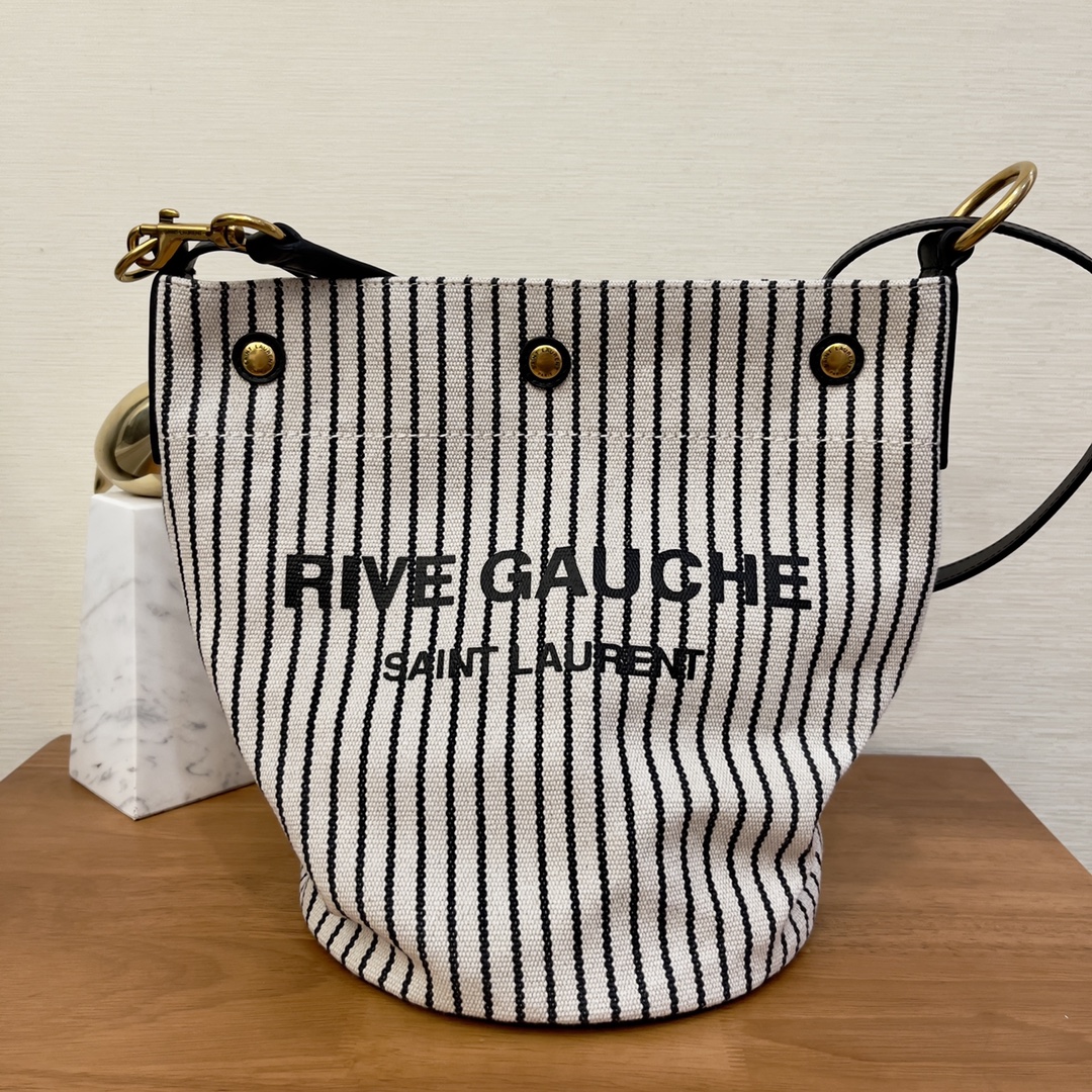 Yves Saint Laurent Rive Gauche Bucket Bag In Striped Canvas For Women 11.8in/30cm Black And White YSL 669299FAAE59583