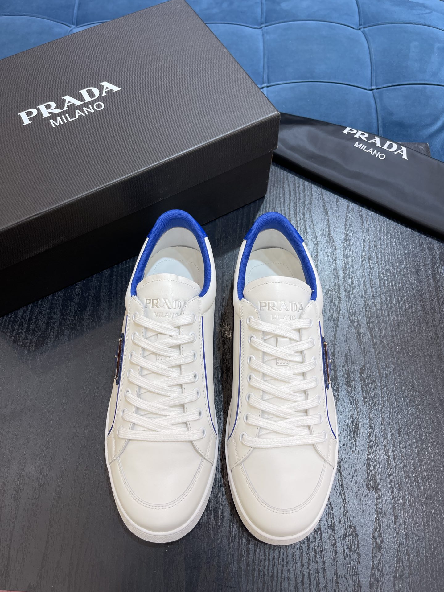 Prada Brushed Sneakers White/Blue For Men 1in/25mm PRD