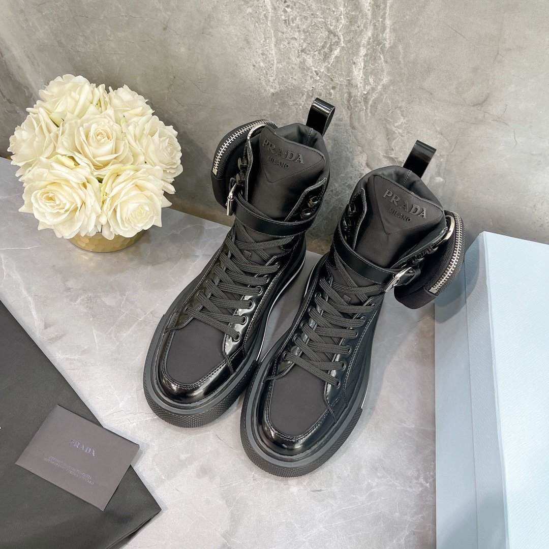 Prada Macro Re-Nylon And Brushed High-Top Sneakers Black For Women 1.8in/45mm Prada