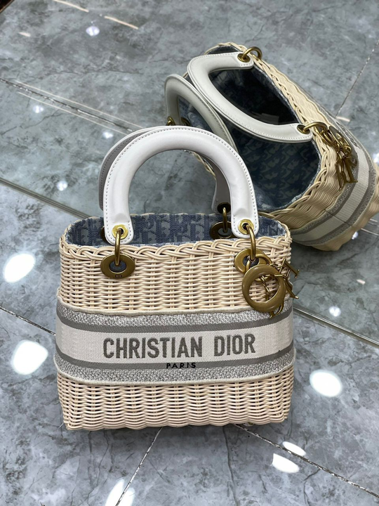 Christian Dior Medium Lady Natural Wicker and Blue Dior Oblique Jacquard Dior Bag, Blue, For Women Women’s Handbags, 24cm CD M0565CMVO_M808